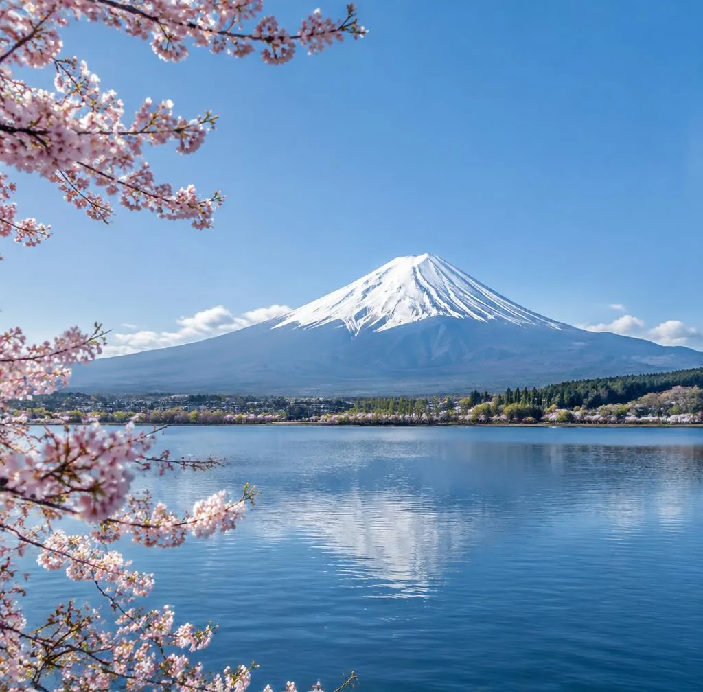 日本の旅のイメージ（AI生成）：富士山と桜、湖